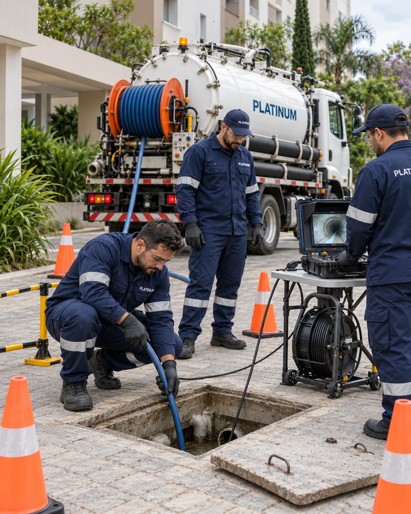 Imagem ilustrativa de equipe Platinum realizando hidrojateamento e inspeção com câmera